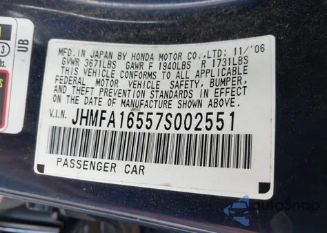 2007 Honda Civic Lx from USA, damaged, VIN JHMFA16557S002551